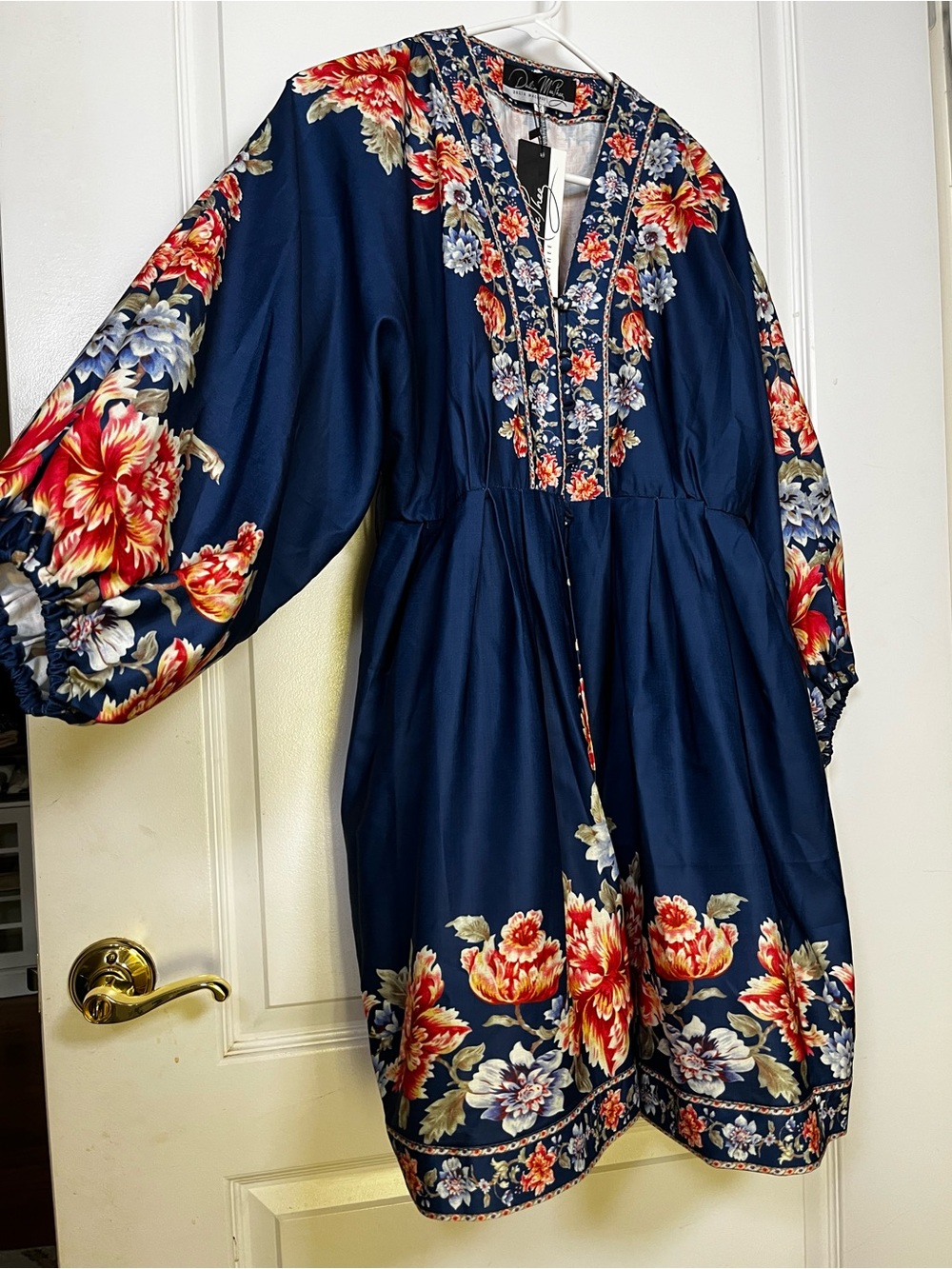 Navy Floral Midi Dress NWT Balloon Sleeve Boho Romantic Size M